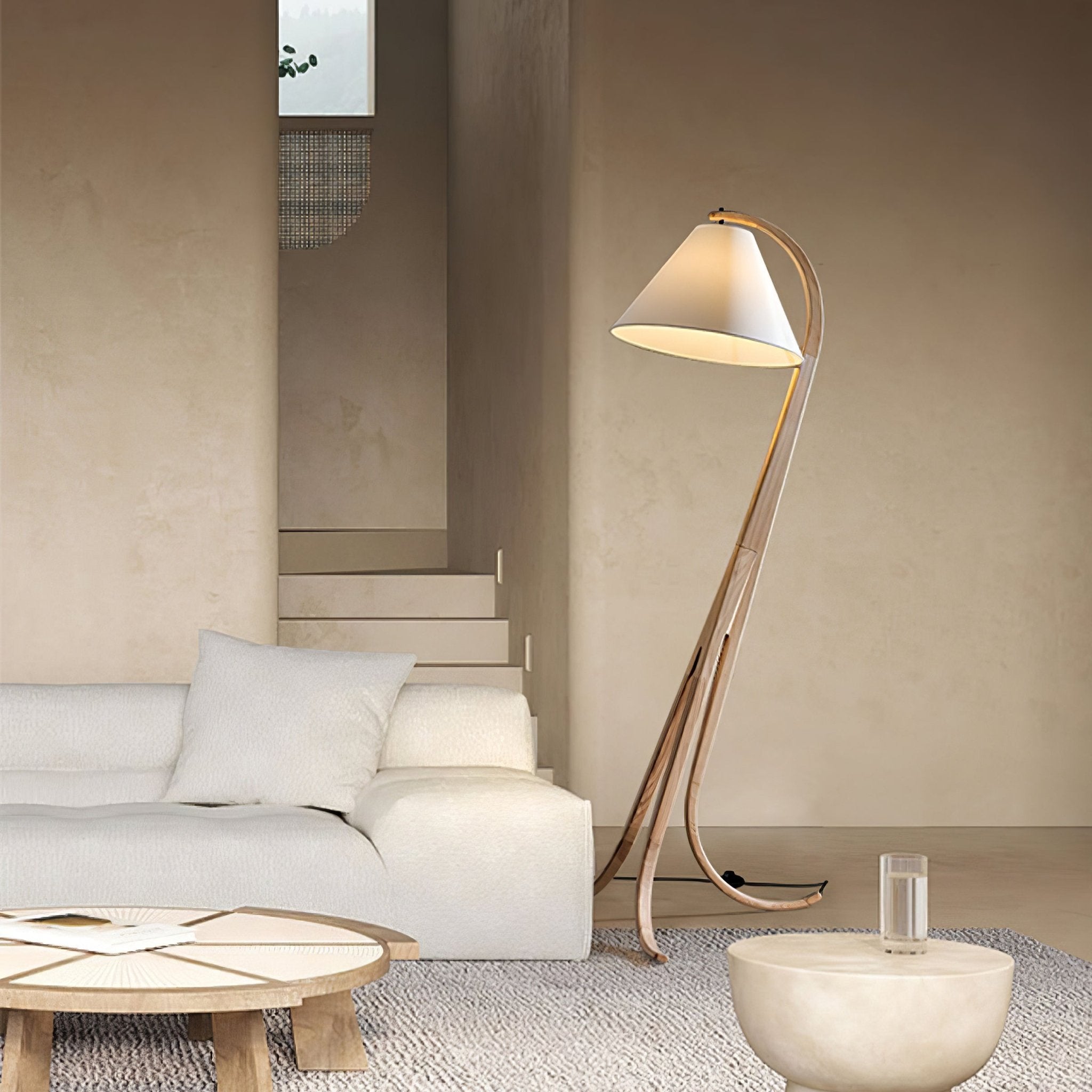 Modern Arcwood Curved Wood Floor Lamp with Fabric Shade for Living Room and Study