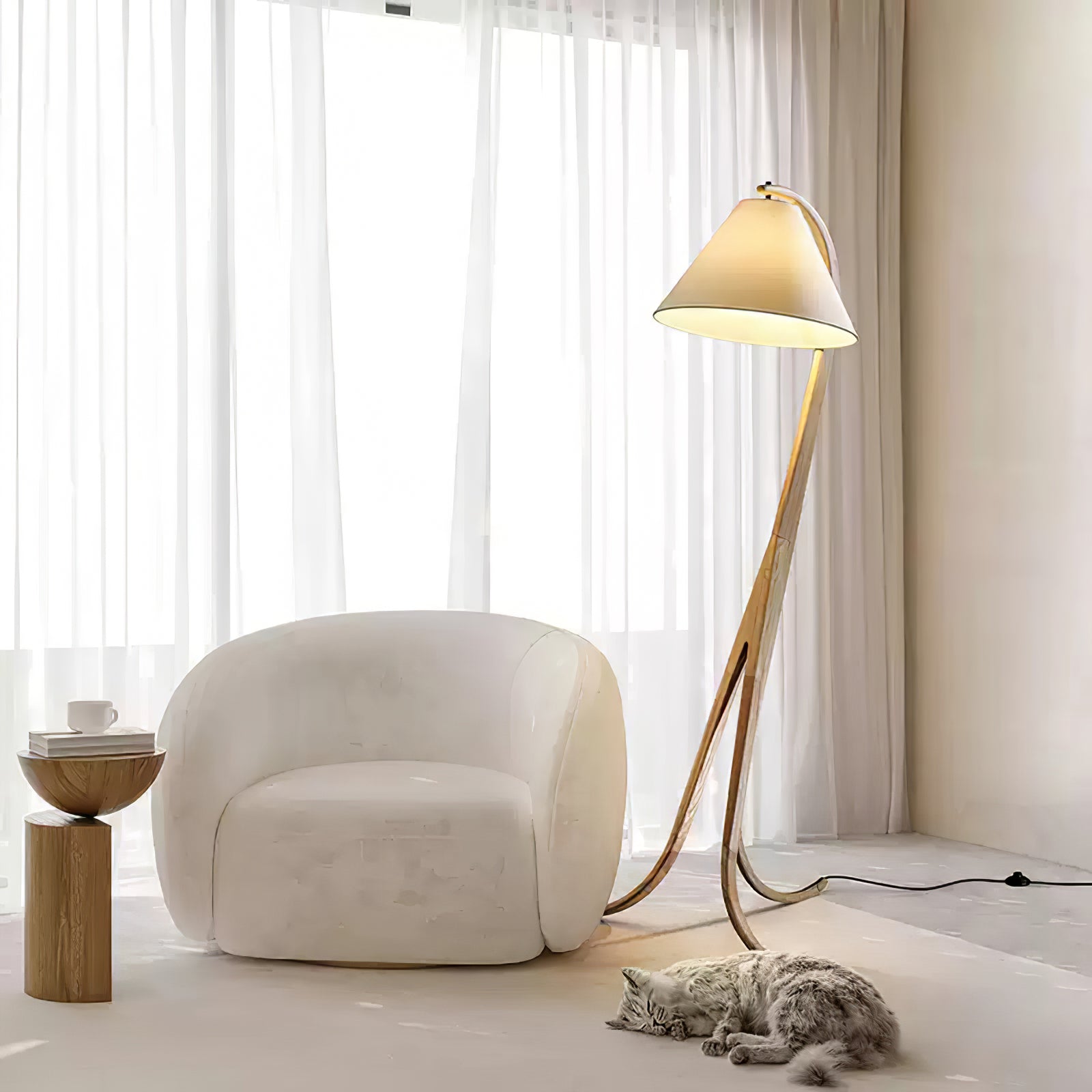 Modern Arcwood Curved Wood Floor Lamp with Fabric Shade for Living Room and Study