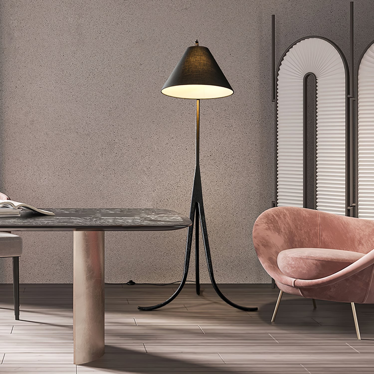 Modern Arcwood Curved Wood Floor Lamp with Fabric Shade for Living Room and Study