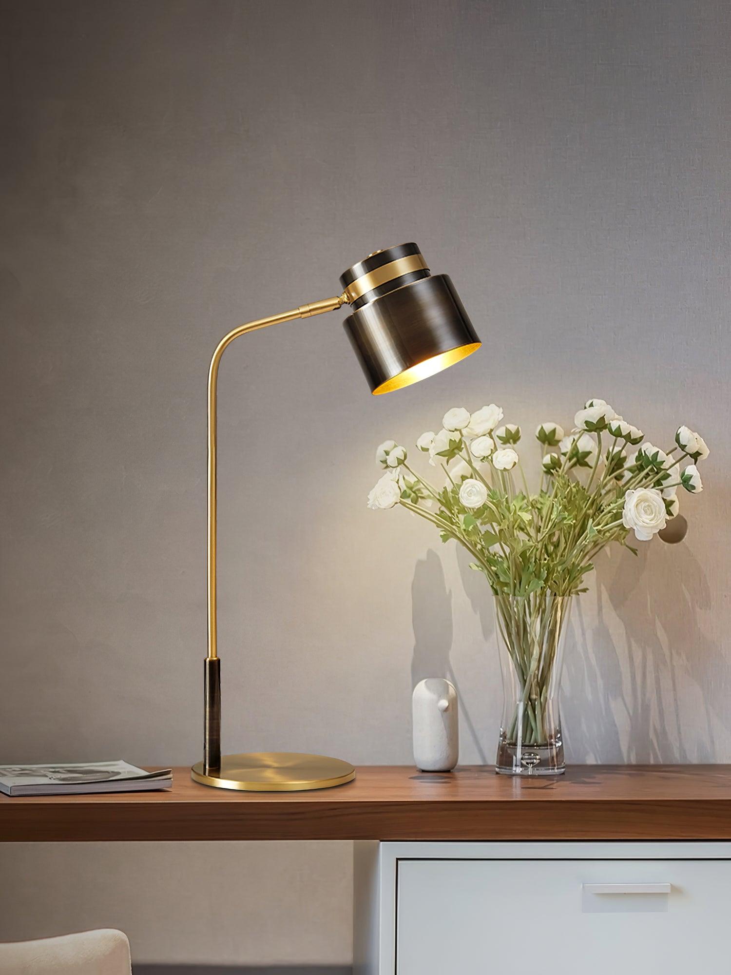 Modern Scandustrial Brass and Black Metal Desk Lamp for Office or Bedside Lighting