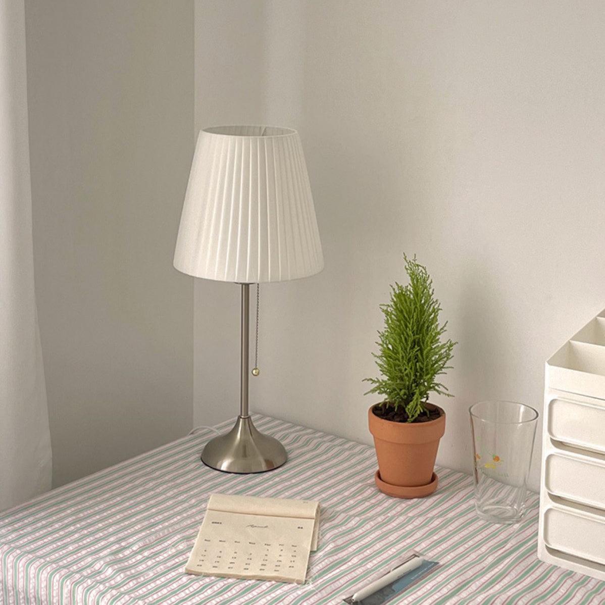 Elegant Chrome Table Lamp with White Pleated Shade for Bedroom Nightstand