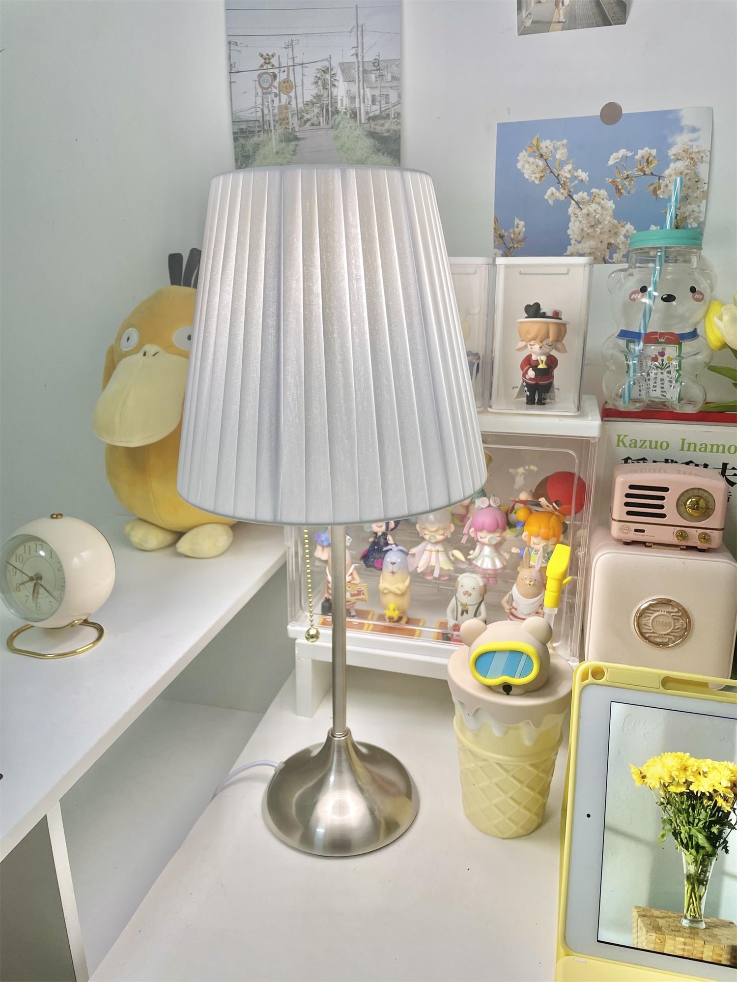 Elegant Chrome Table Lamp with White Pleated Shade for Bedroom Nightstand