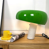 Modern Italian White Carrara Marble Table Lamp with Glazed Metal Mushroom Shade