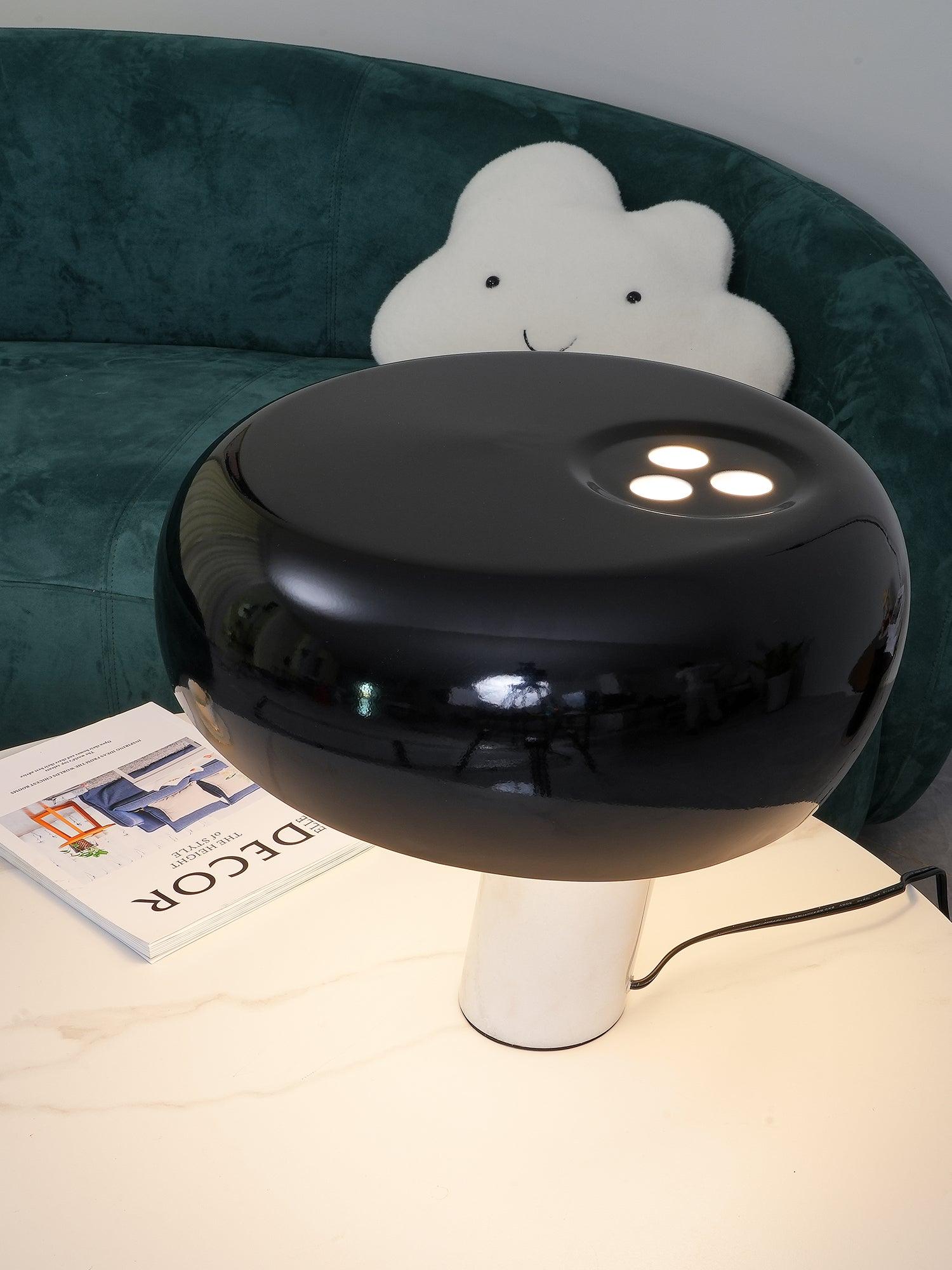 Modern Italian White Carrara Marble Table Lamp with Glazed Metal Mushroom Shade