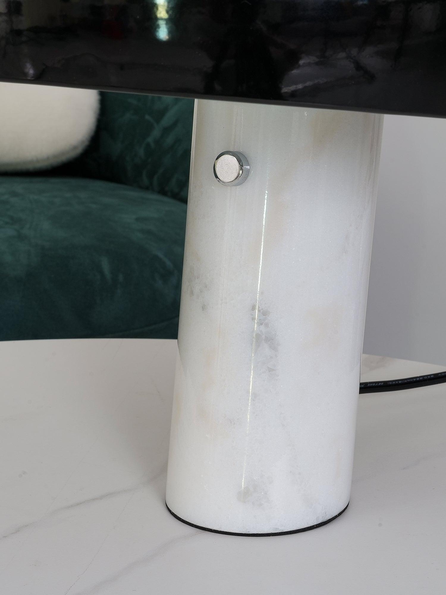 Modern Italian White Carrara Marble Table Lamp with Glazed Metal Mushroom Shade
