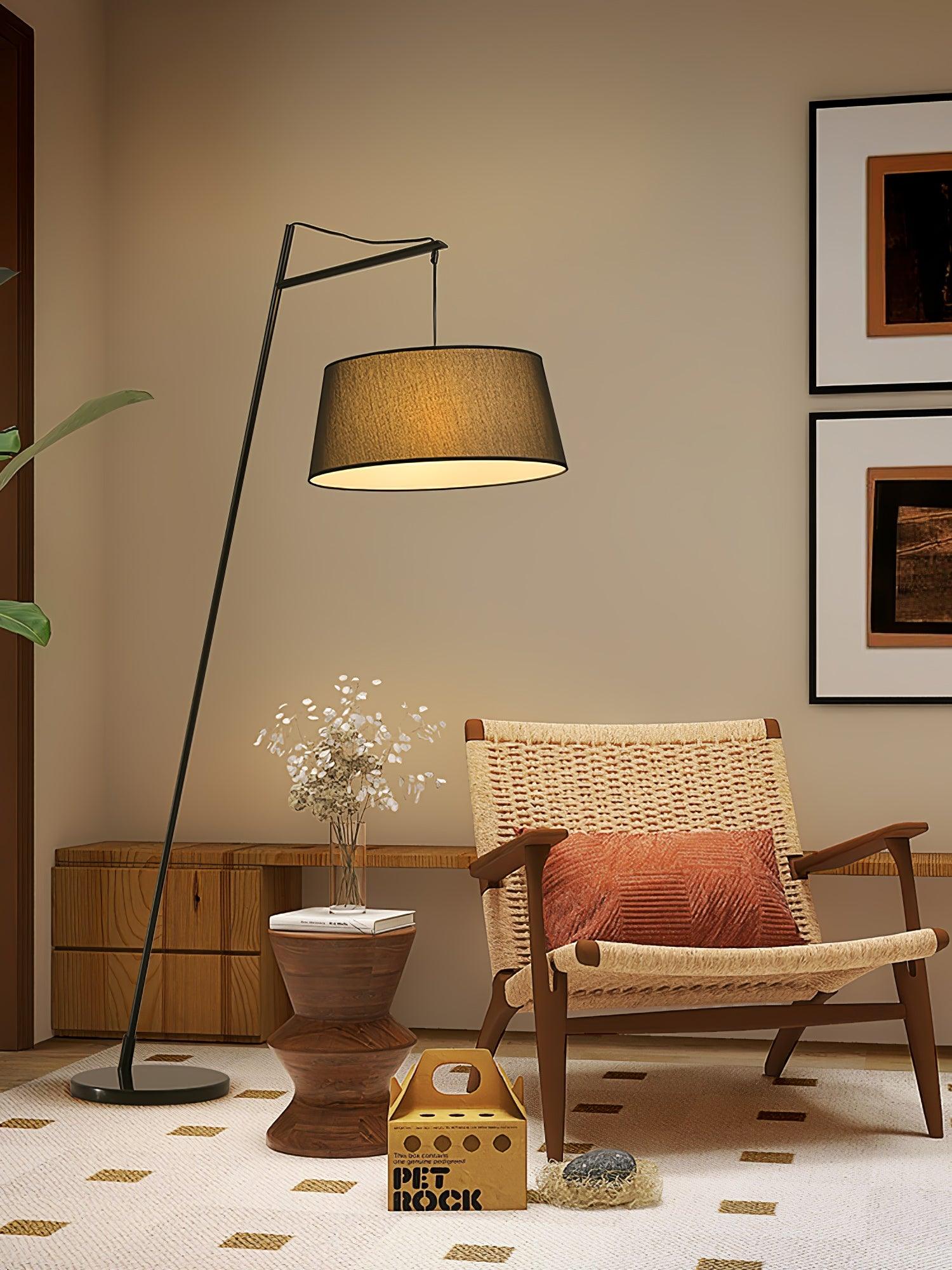 Modern Arturo Adjustable Arc Floor Lamp in Black Metal with Fabric Shade