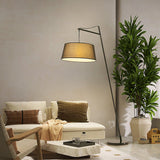 Modern Arturo Adjustable Arc Floor Lamp in Black Metal with Fabric Shade