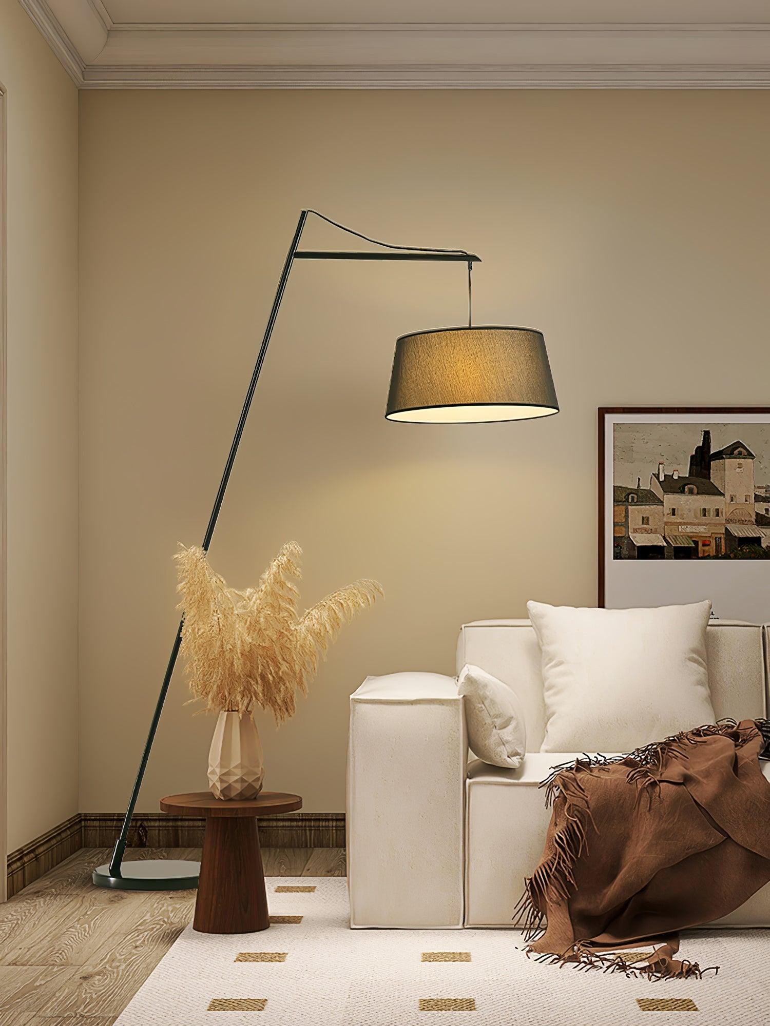 Modern Arturo Adjustable Arc Floor Lamp in Black Metal with Fabric Shade