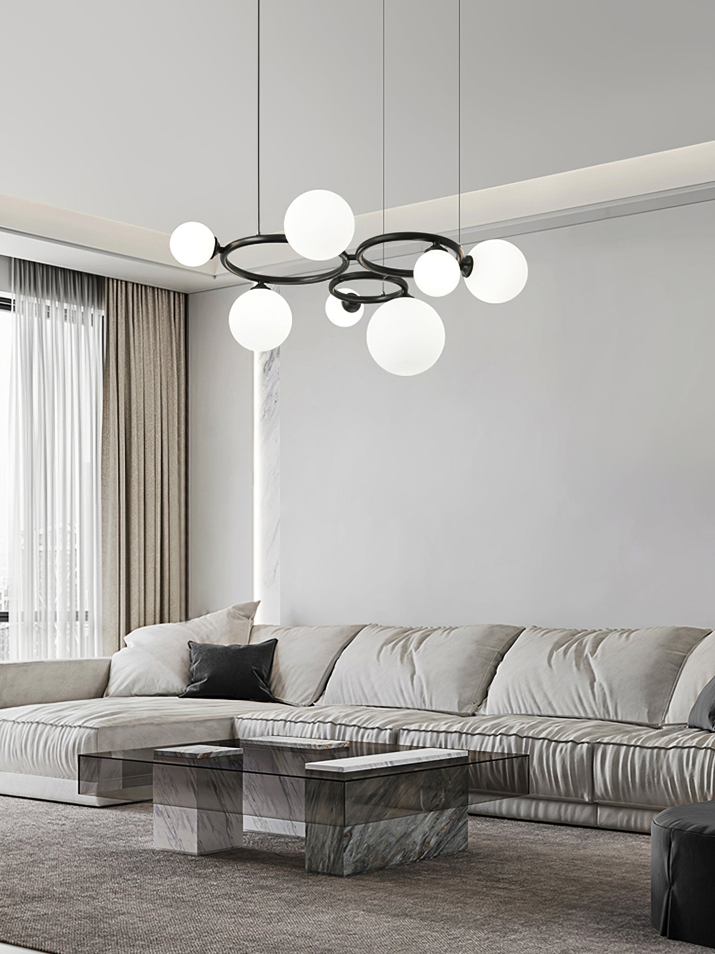 contemporary-brass-frame-chandelier-with-white-glass-shades-modern-multi-head-ceiling-light