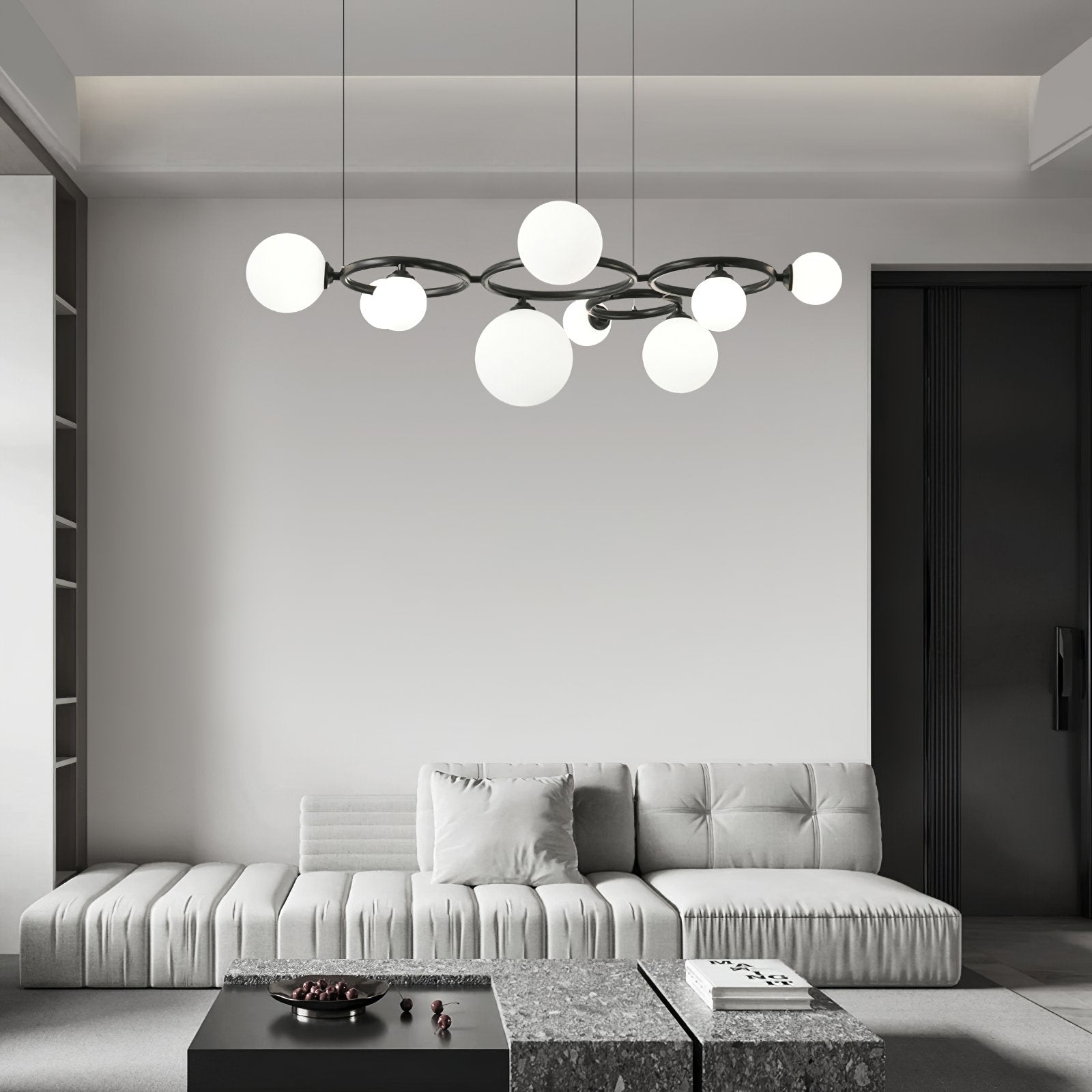 contemporary-brass-frame-chandelier-with-white-glass-shades-modern-multi-head-ceiling-light