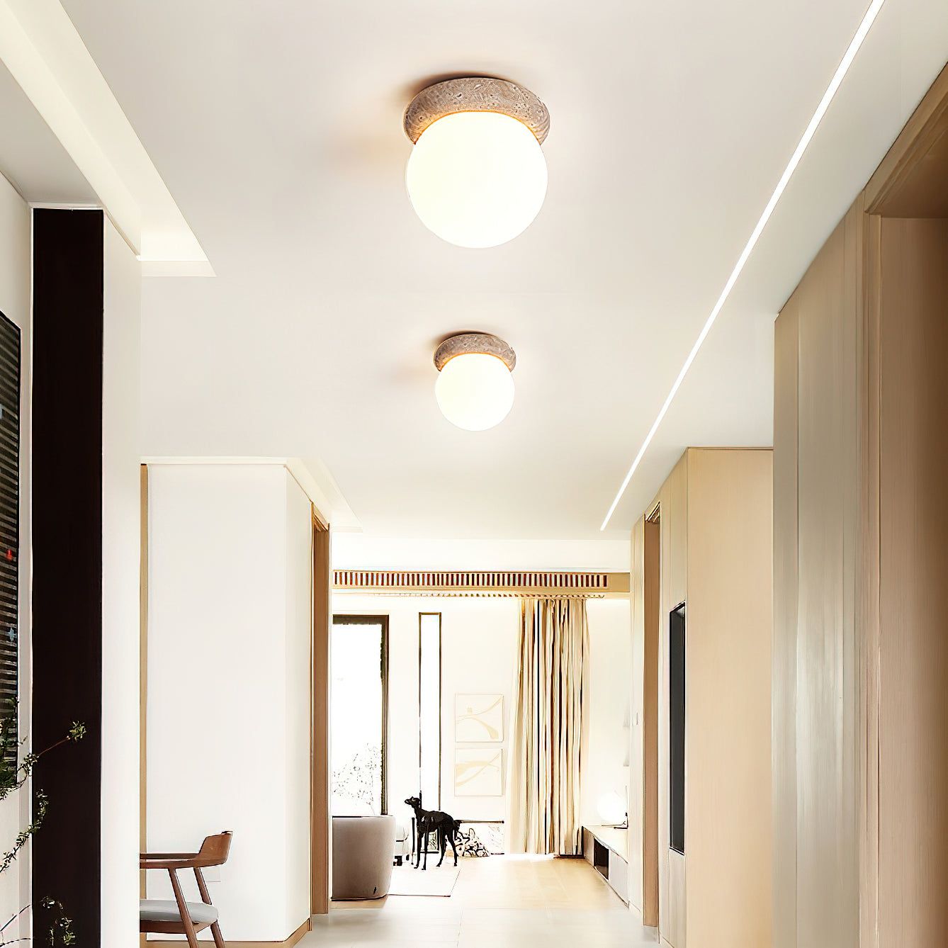 Yellow Travertine Natural Stone Flush Mount Ceiling Light Modern Asteroid Round Lamp