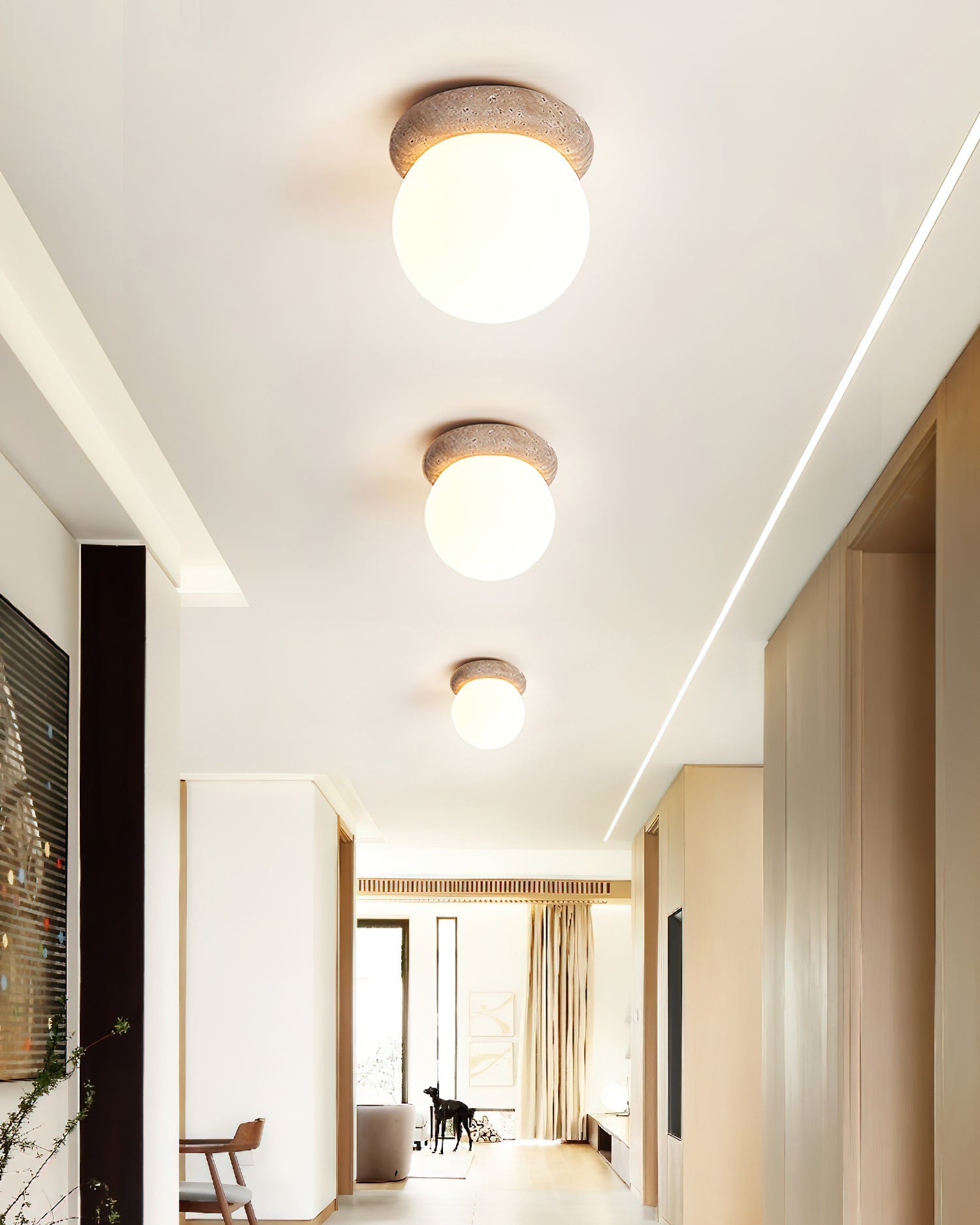 Yellow Travertine Natural Stone Flush Mount Ceiling Light Modern Asteroid Round Lamp