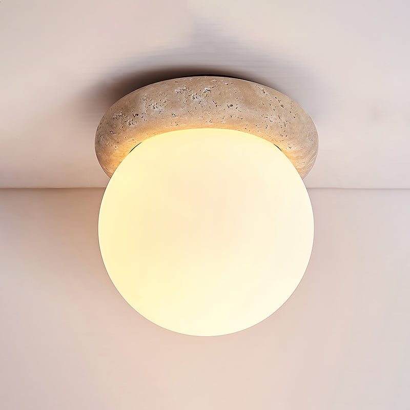 Yellow Travertine Natural Stone Flush Mount Ceiling Light Modern Asteroid Round Lamp