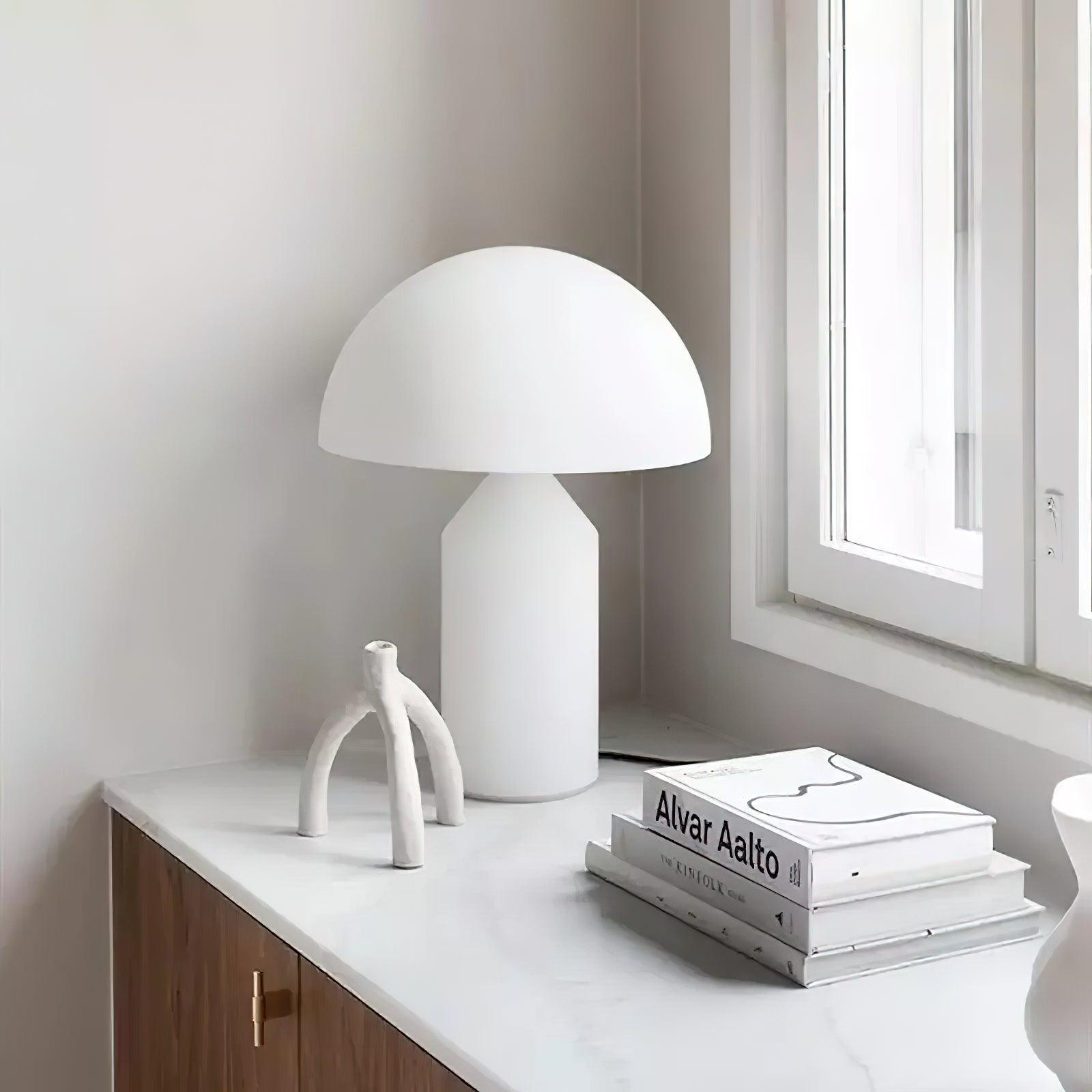 Modern White Blown Glass Mushroom Table Lamp with Geometric Dome Shade for Bedside and Living Room