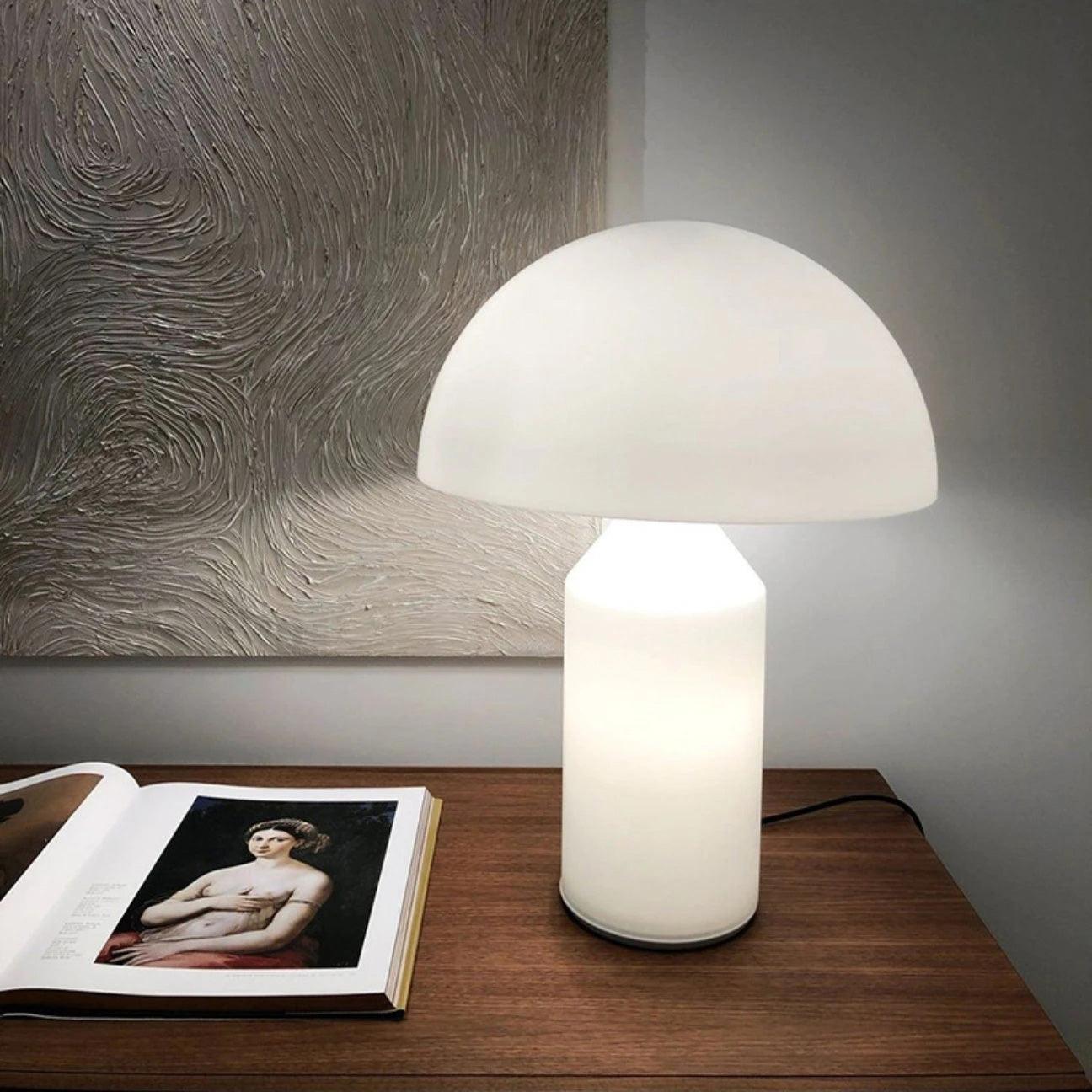 Modern White Blown Glass Mushroom Table Lamp with Geometric Dome Shade for Bedside and Living Room