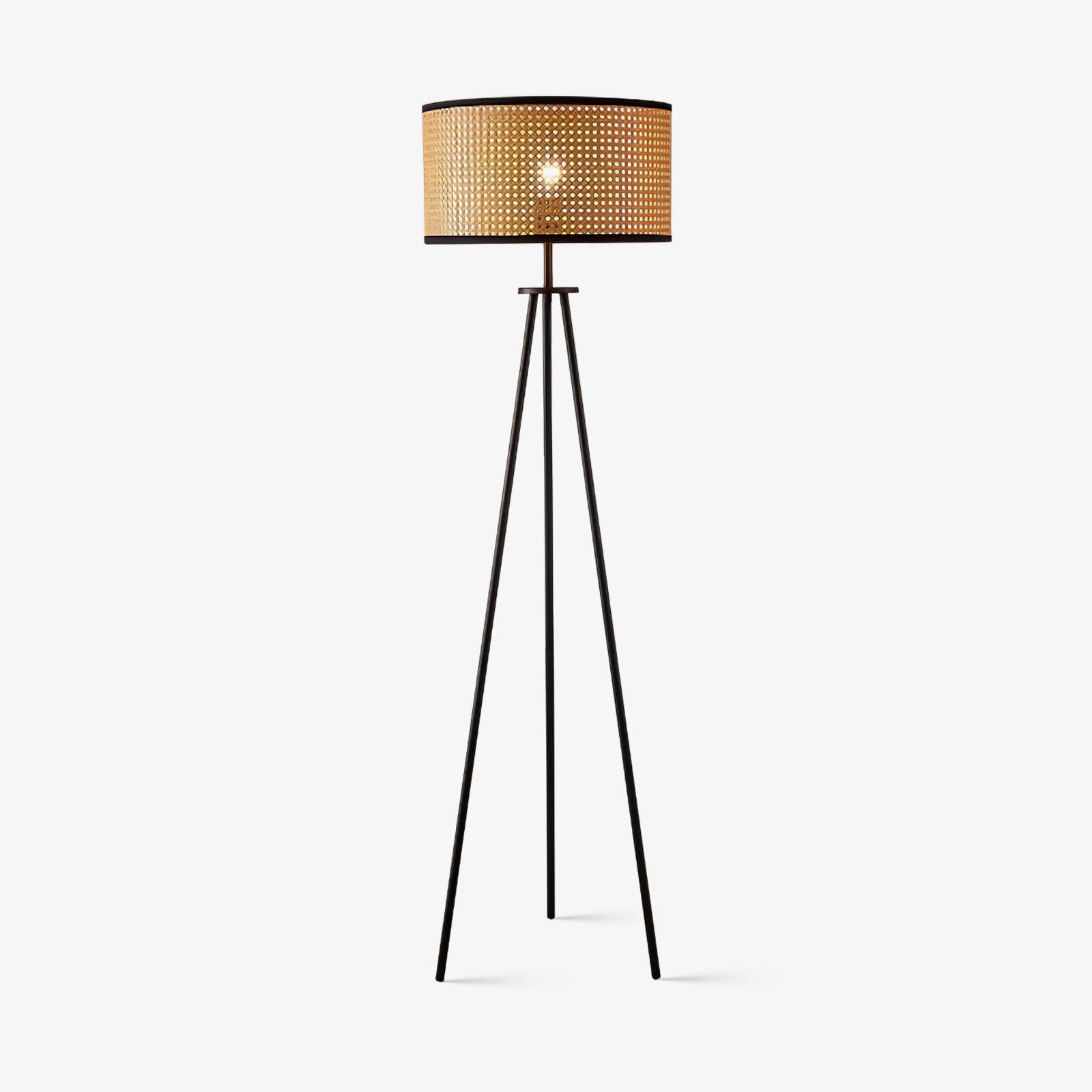 Aubrey Modern Tripod Floor Lamp with Natural Bamboo Shade and Black Metal Base