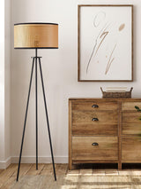 Aubrey Modern Tripod Floor Lamp with Natural Bamboo Shade and Black Metal Base