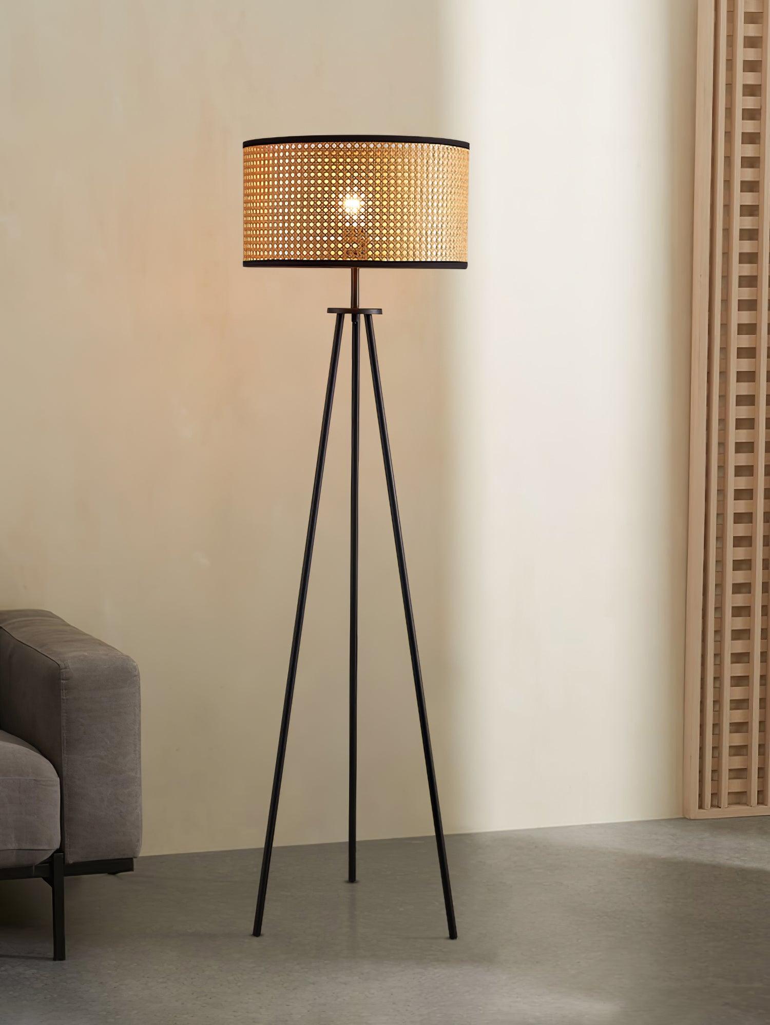 Aubrey Modern Tripod Floor Lamp with Natural Bamboo Shade and Black Metal Base