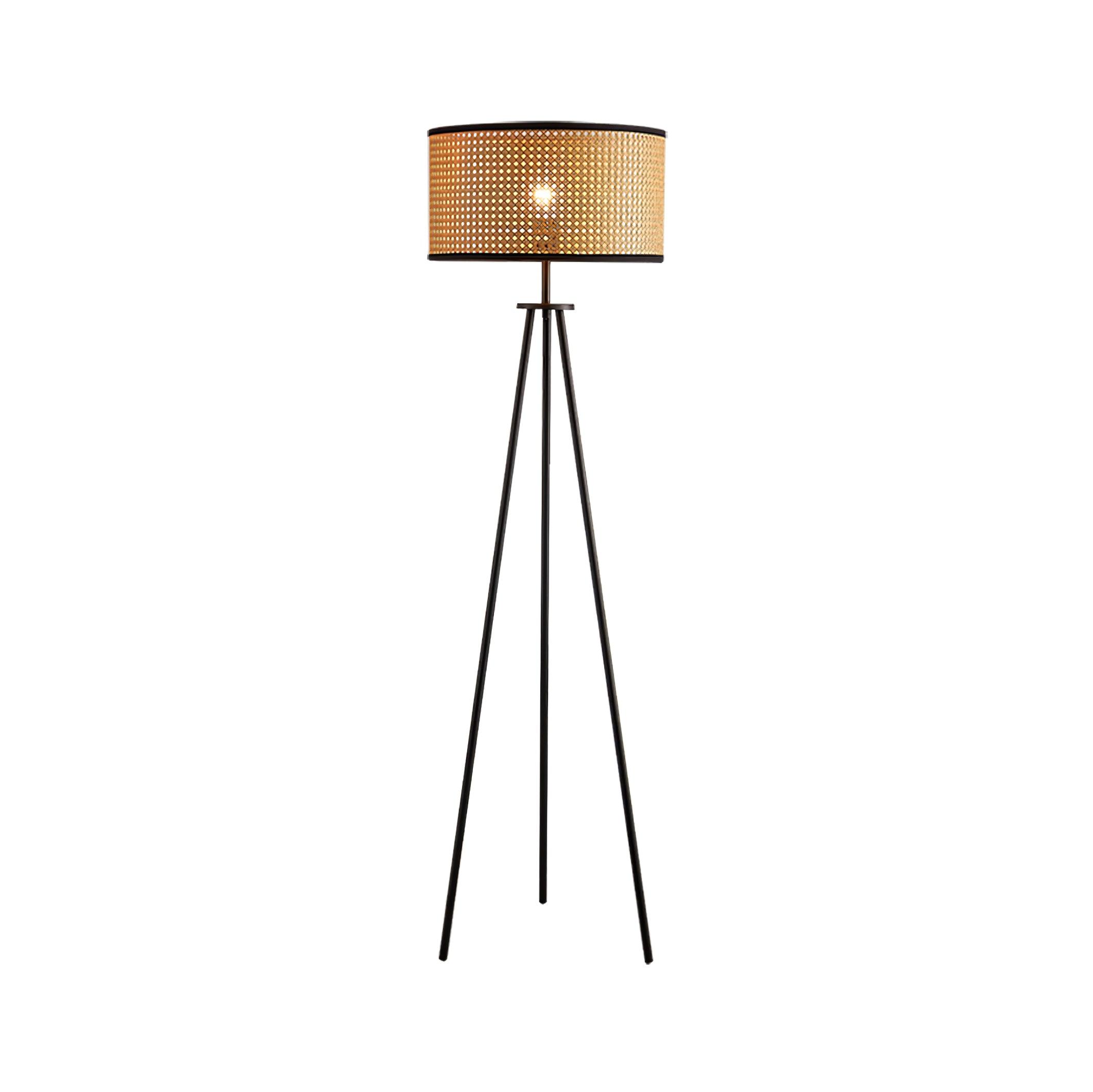Aubrey Modern Tripod Floor Lamp with Natural Bamboo Shade and Black Metal Base