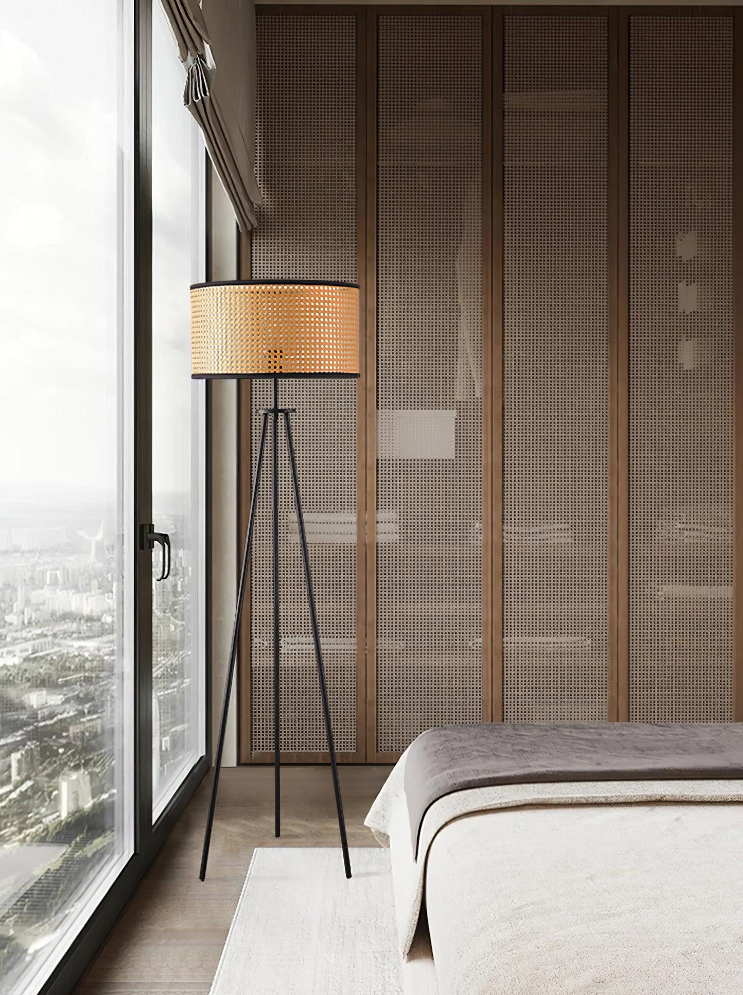 Aubrey Modern Tripod Floor Lamp with Natural Bamboo Shade and Black Metal Base