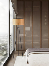 Aubrey Modern Tripod Floor Lamp with Natural Bamboo Shade and Black Metal Base
