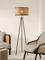 Aubrey Modern Tripod Floor Lamp with Natural Bamboo Shade and Black Metal Base