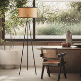 Aubrey Modern Tripod Floor Lamp with Natural Bamboo Shade and Black Metal Base
