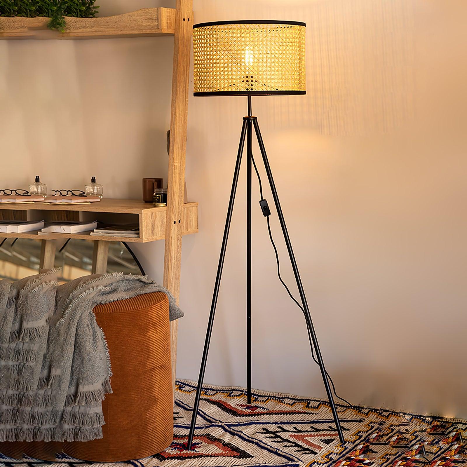 Aubrey Modern Tripod Floor Lamp with Natural Bamboo Shade and Black Metal Base