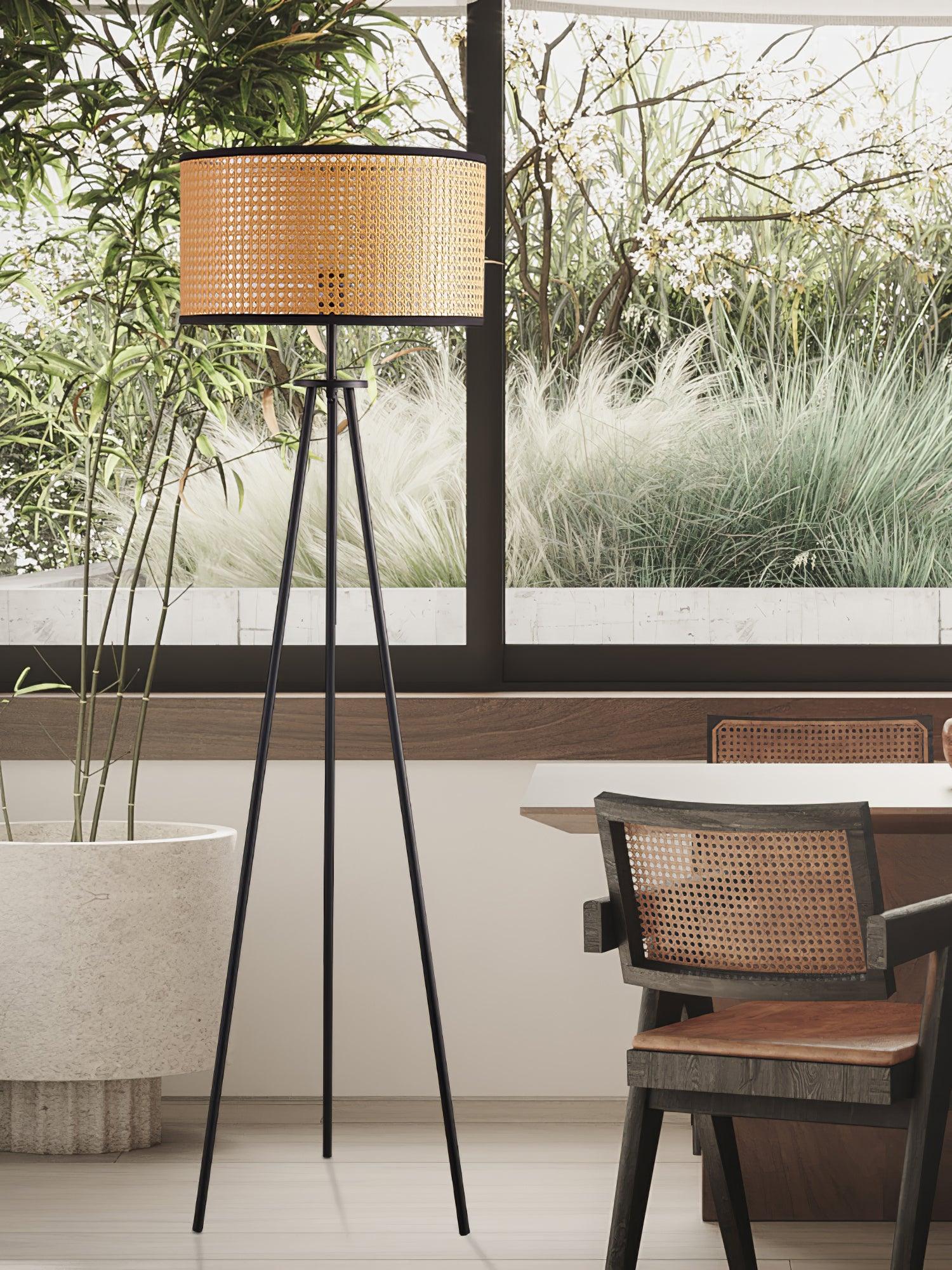 Aubrey Modern Tripod Floor Lamp with Natural Bamboo Shade and Black Metal Base