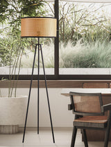Aubrey Modern Tripod Floor Lamp with Natural Bamboo Shade and Black Metal Base