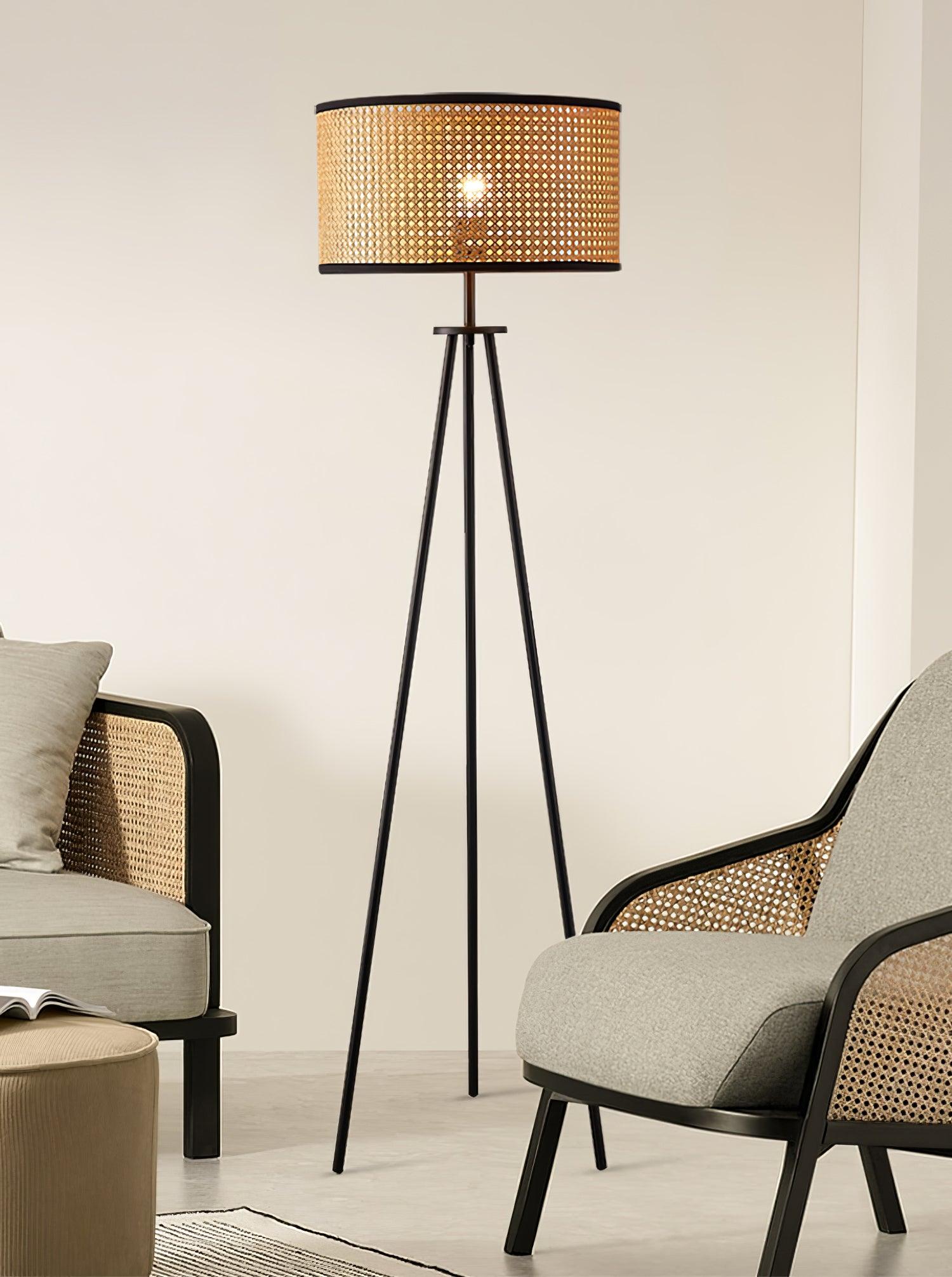 Aubrey Modern Tripod Floor Lamp with Natural Bamboo Shade and Black Metal Base