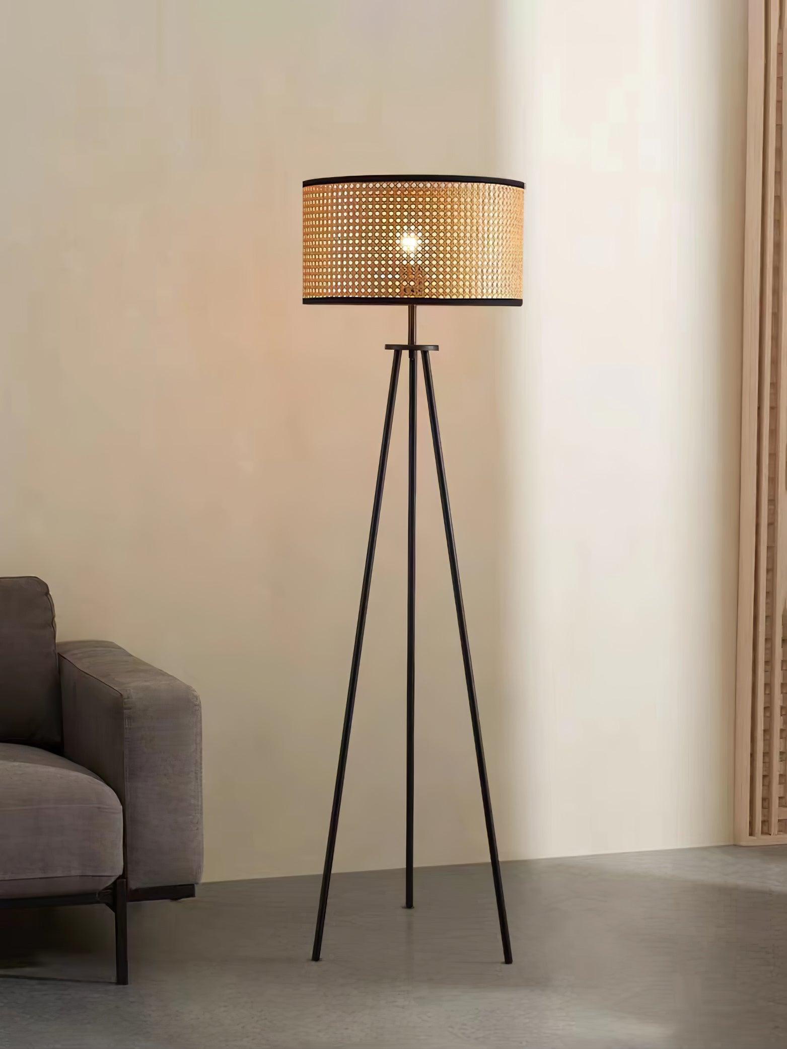 Aubrey Modern Tripod Floor Lamp with Natural Bamboo Shade and Black Metal Base