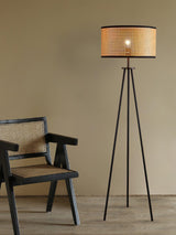 Aubrey Modern Tripod Floor Lamp with Natural Bamboo Shade and Black Metal Base