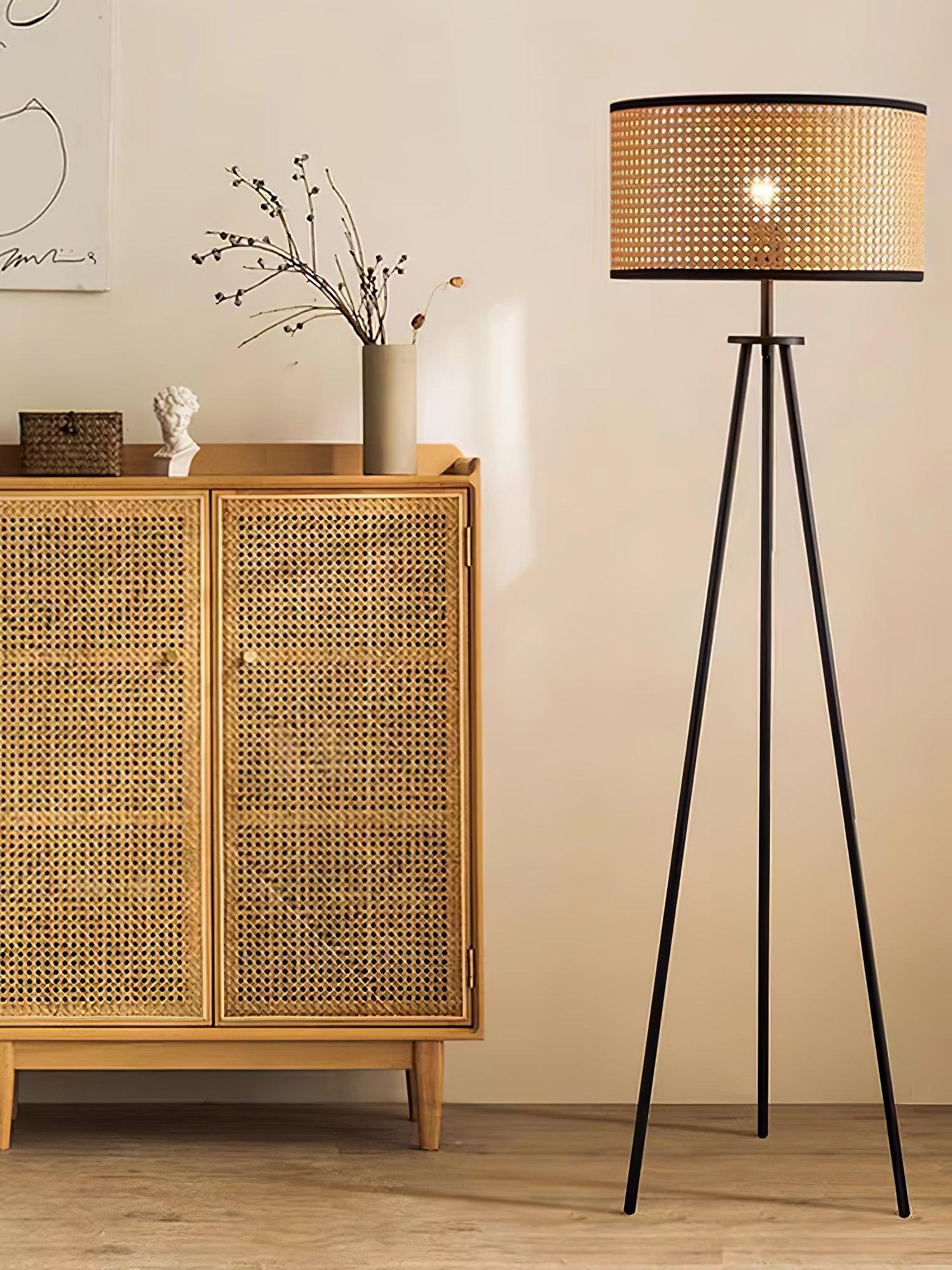 Aubrey Modern Tripod Floor Lamp with Natural Bamboo Shade and Black Metal Base