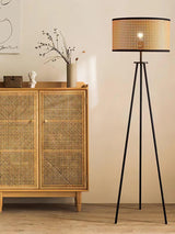 Aubrey Modern Tripod Floor Lamp with Natural Bamboo Shade and Black Metal Base