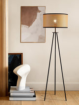 Aubrey Modern Tripod Floor Lamp with Natural Bamboo Shade and Black Metal Base