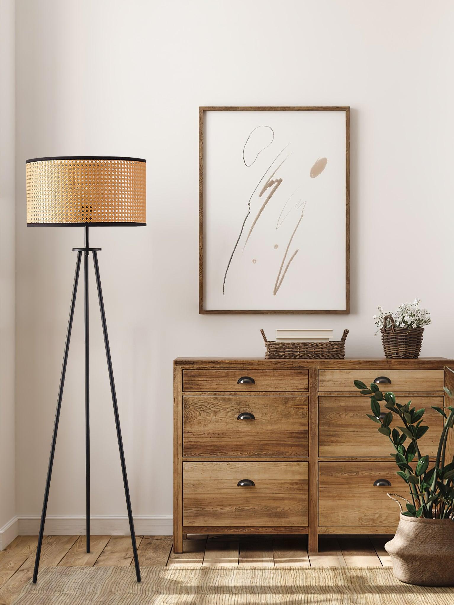 Aubrey Modern Tripod Floor Lamp with Natural Bamboo Shade and Black Metal Base