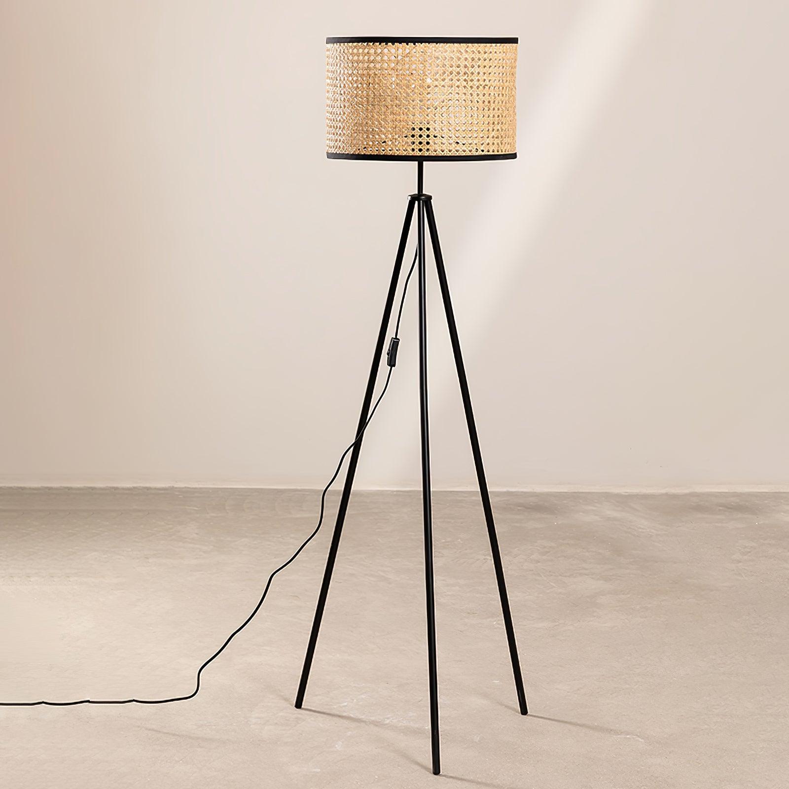 Aubrey Modern Tripod Floor Lamp with Natural Bamboo Shade and Black Metal Base