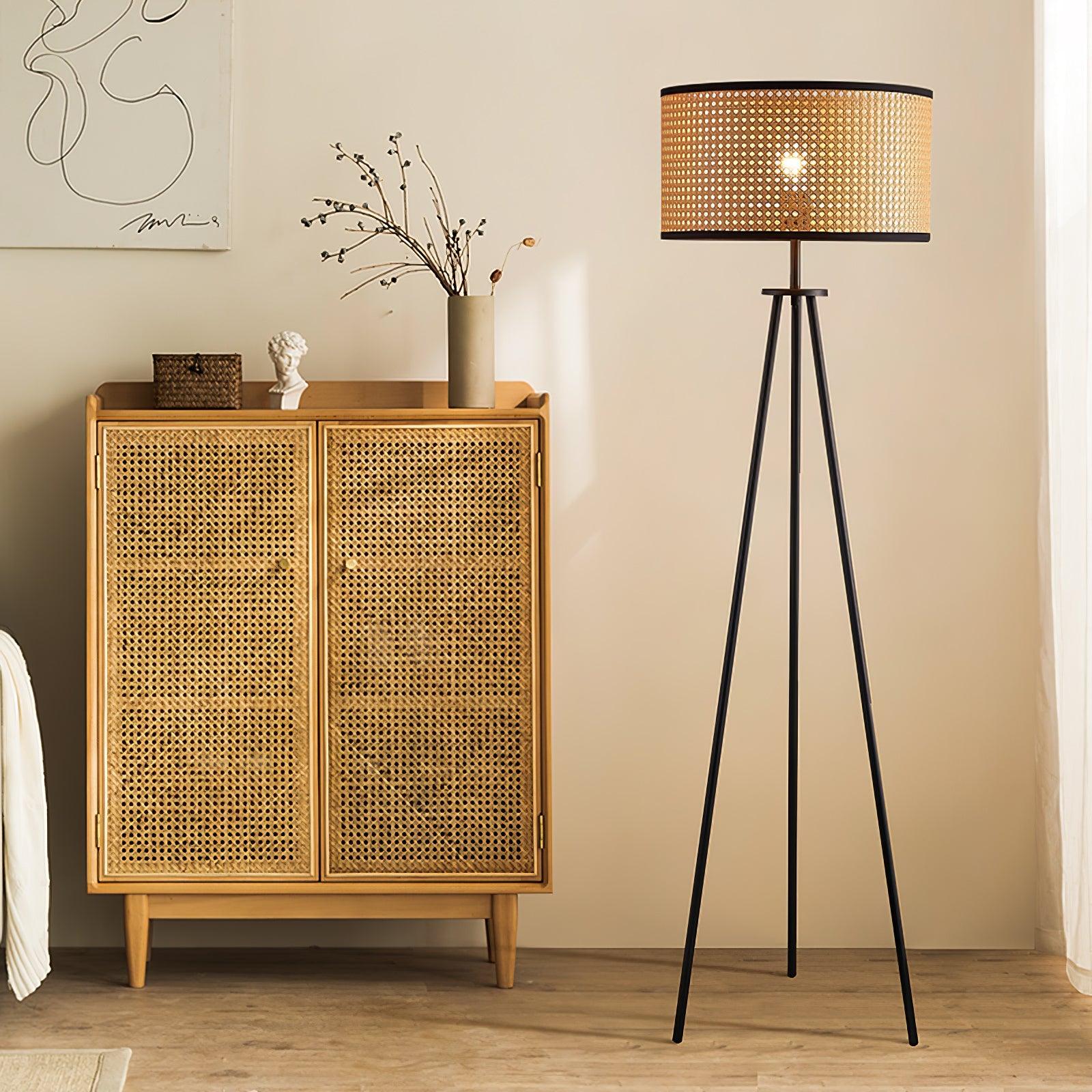 Aubrey Modern Tripod Floor Lamp with Natural Bamboo Shade and Black Metal Base
