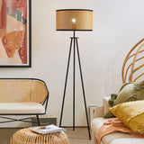 Aubrey Modern Tripod Floor Lamp with Natural Bamboo Shade and Black Metal Base