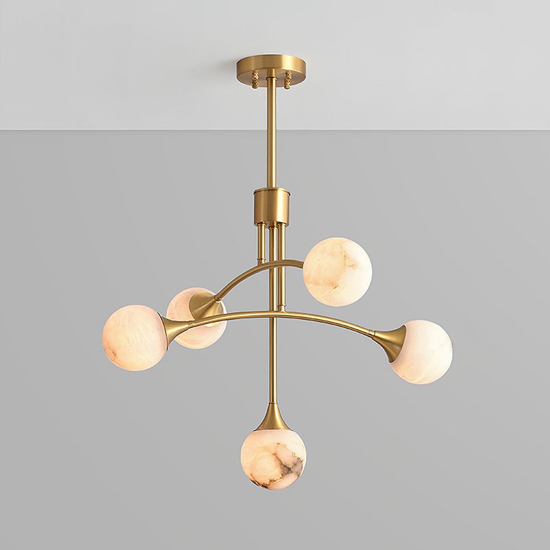 modern-alabaster-globe-chandelier-with-slender-brass-arms-for-luxury-living-room