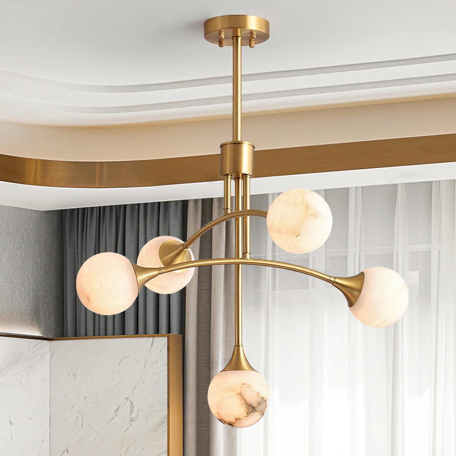 modern-alabaster-globe-chandelier-with-slender-brass-arms-for-luxury-living-room