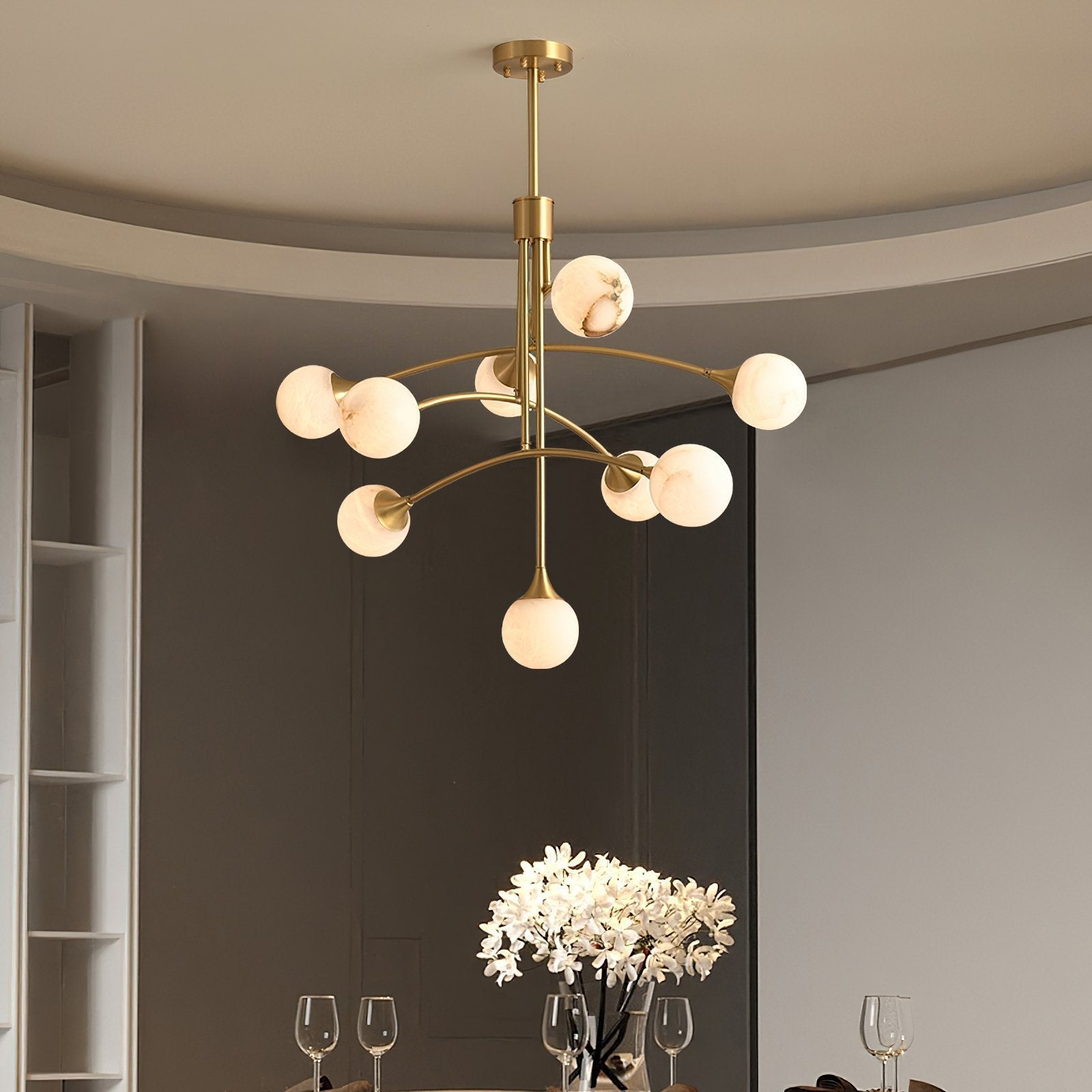 modern-alabaster-globe-chandelier-with-slender-brass-arms-for-luxury-living-room
