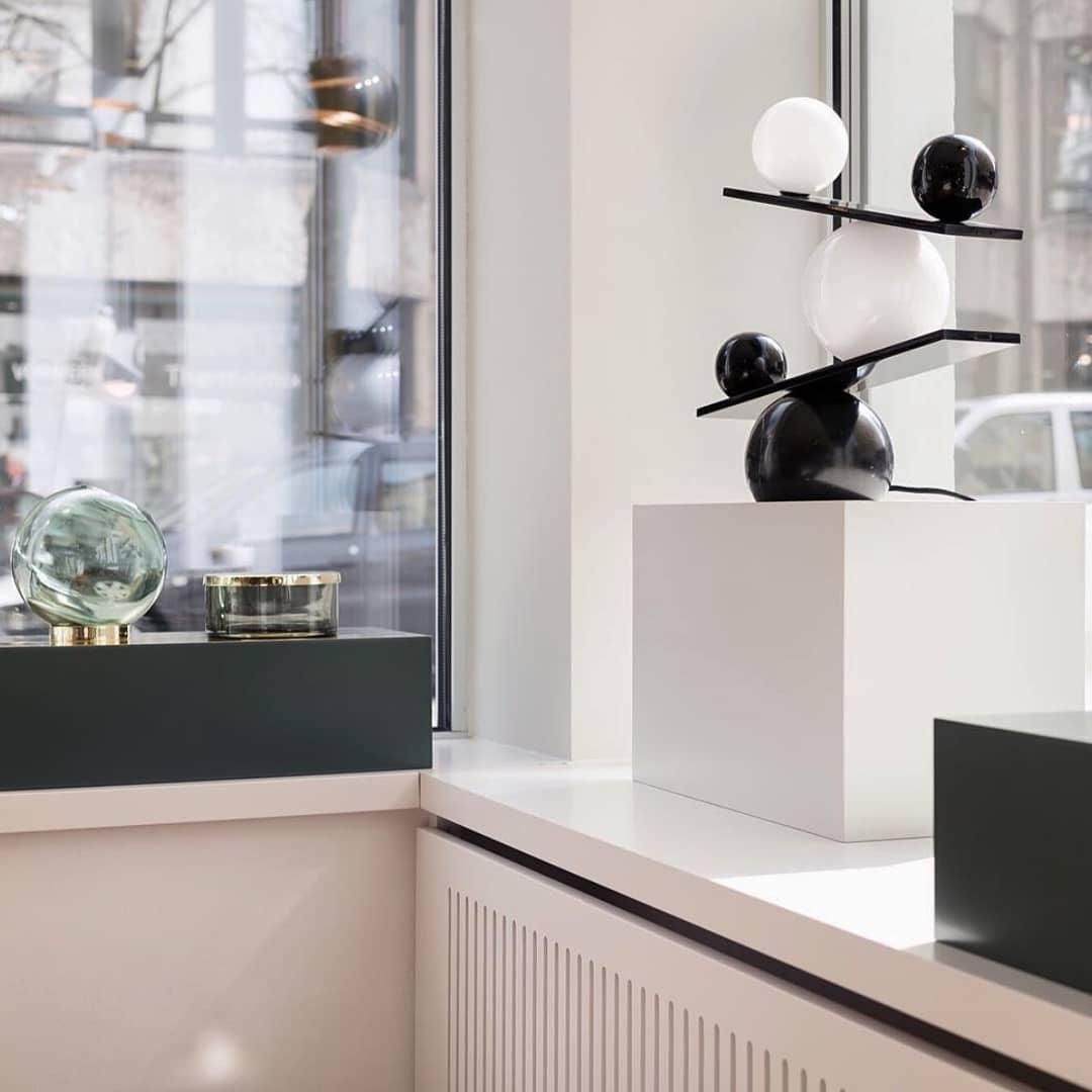 Modern Artistic Balance Table Lamp with Glass Spheres and Black Marble Base