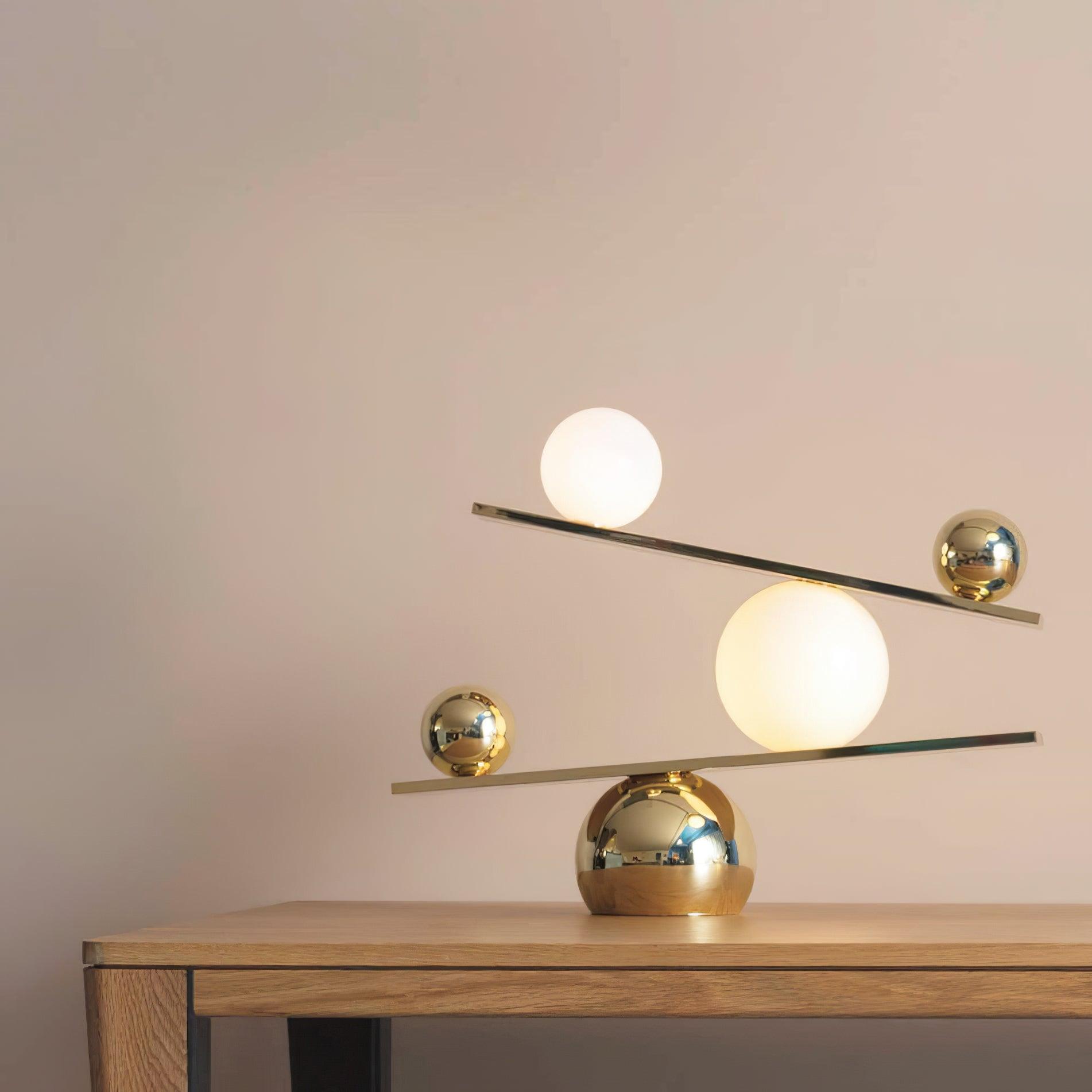 Modern Artistic Balance Table Lamp with Glass Spheres and Black Marble Base