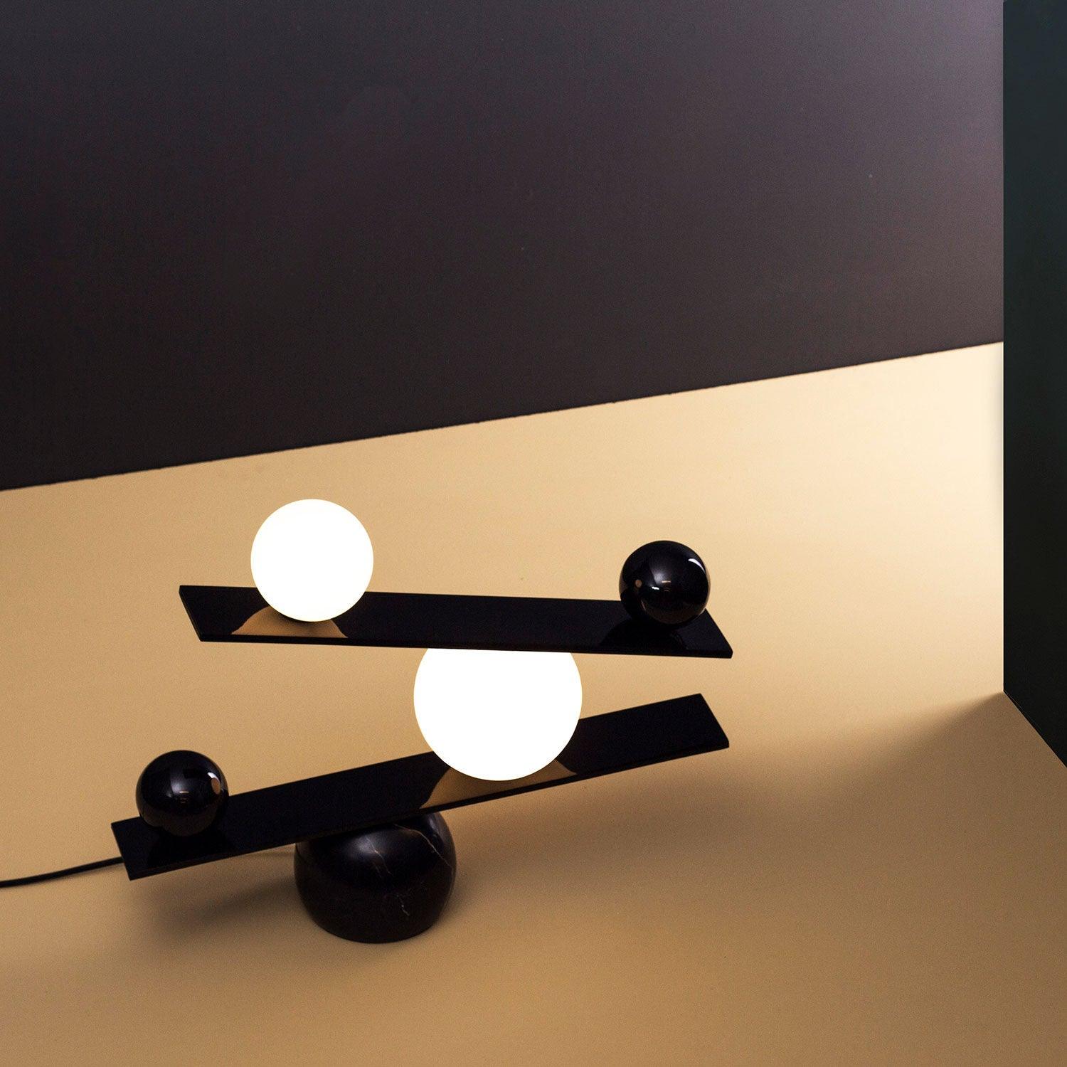 Modern Artistic Balance Table Lamp with Glass Spheres and Black Marble Base