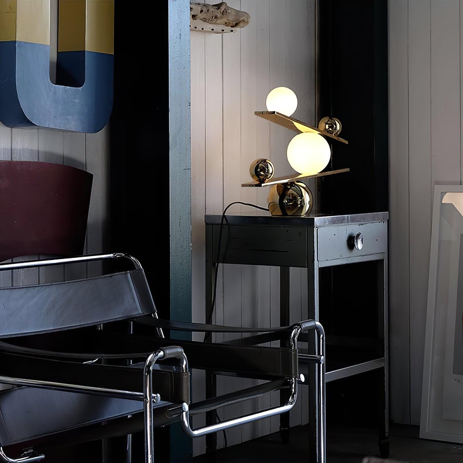 Modern Artistic Balance Table Lamp with Glass Spheres and Black Marble Base