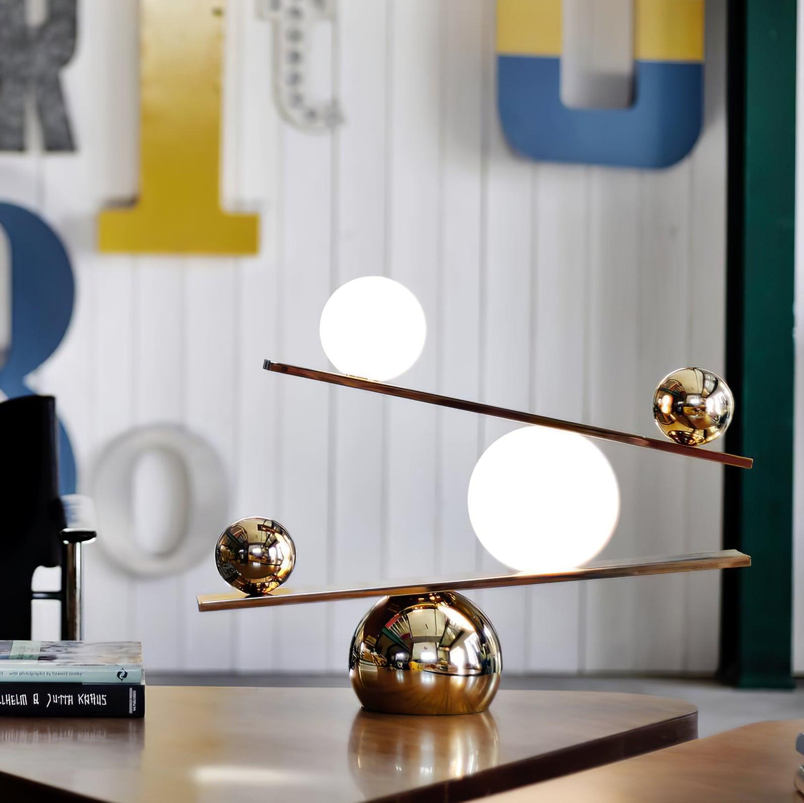 Modern Artistic Balance Table Lamp with Glass Spheres and Black Marble Base