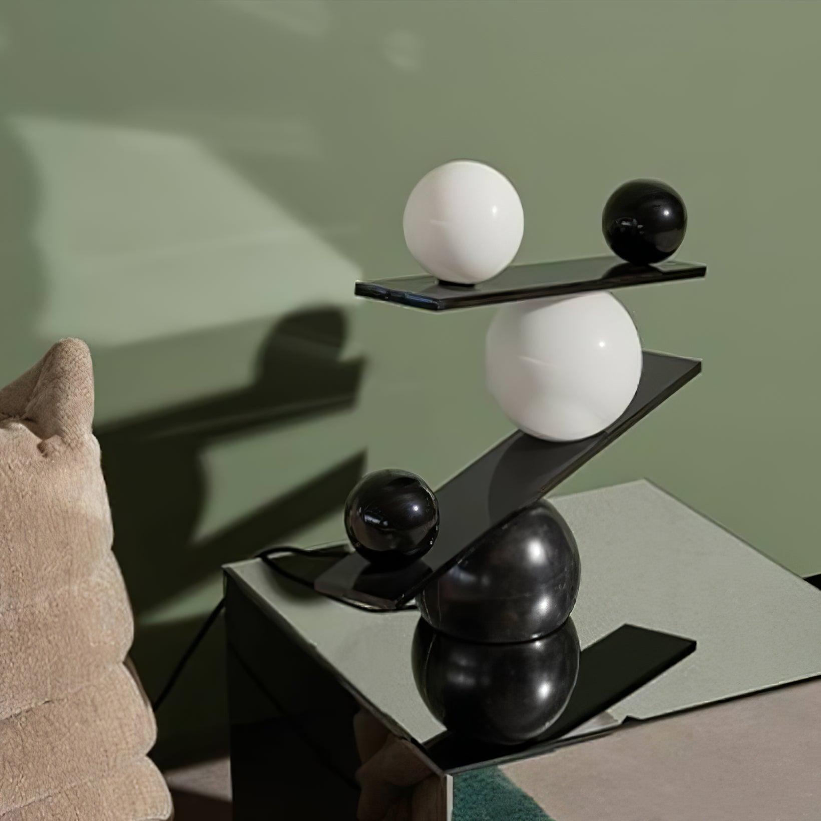 Modern Artistic Balance Table Lamp with Glass Spheres and Black Marble Base