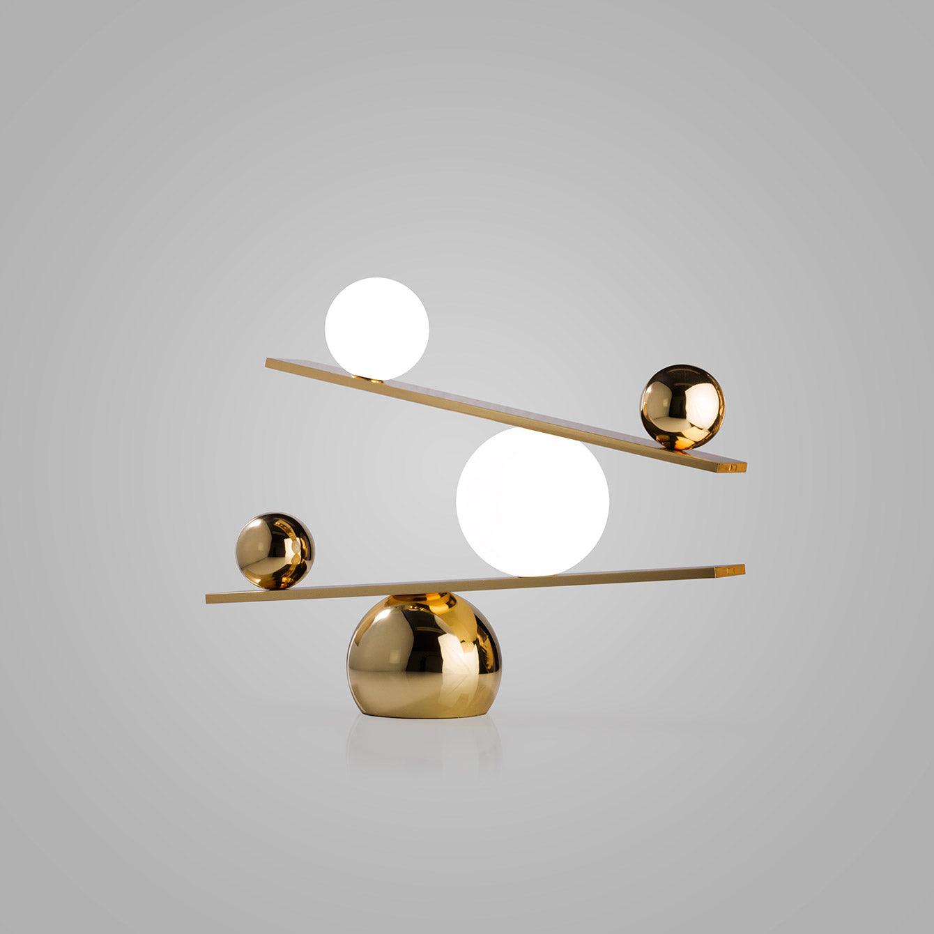 Modern Artistic Balance Table Lamp with Glass Spheres and Black Marble Base